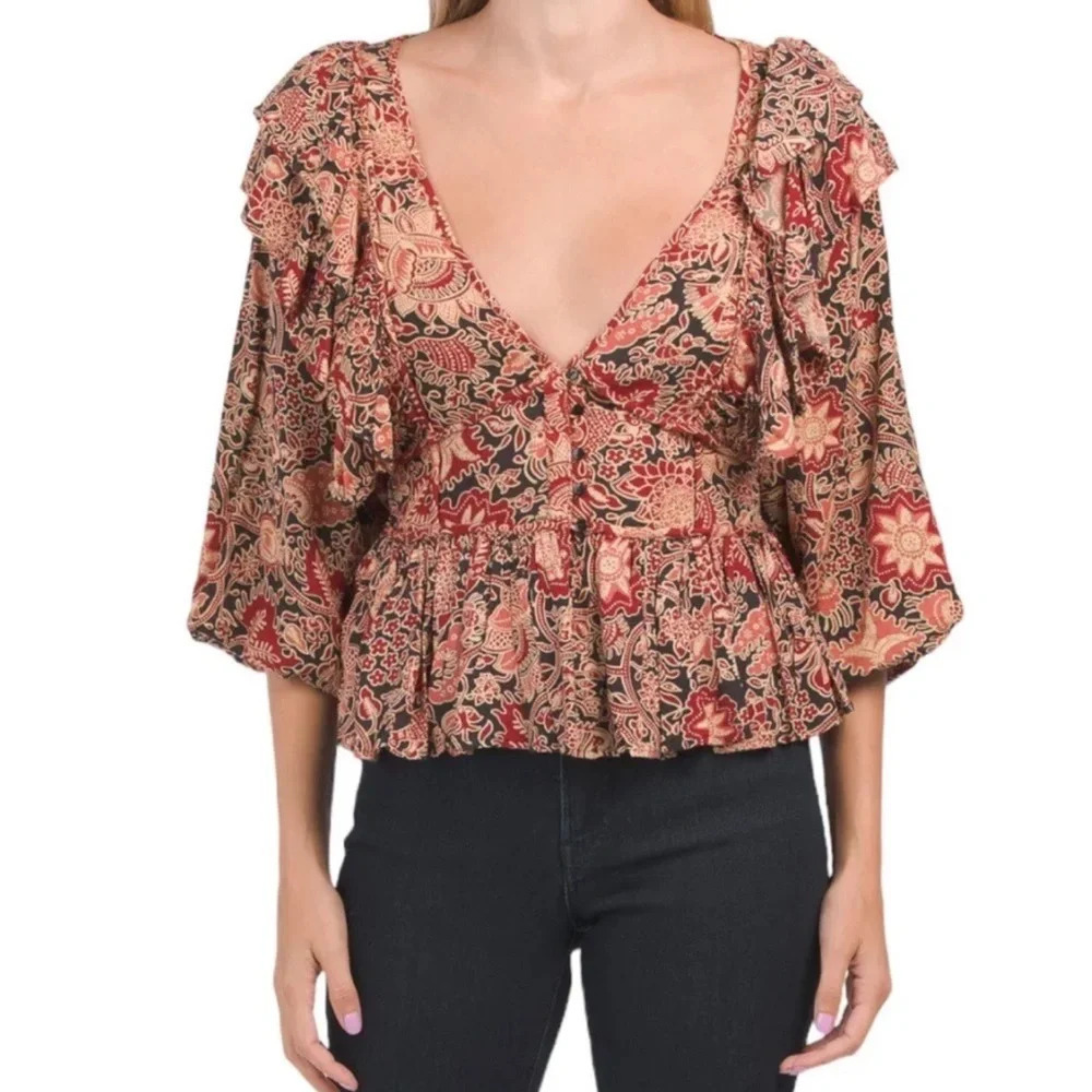 House Of Harlow 1960 V-neck Button Up Blouse With Ruffle Detail